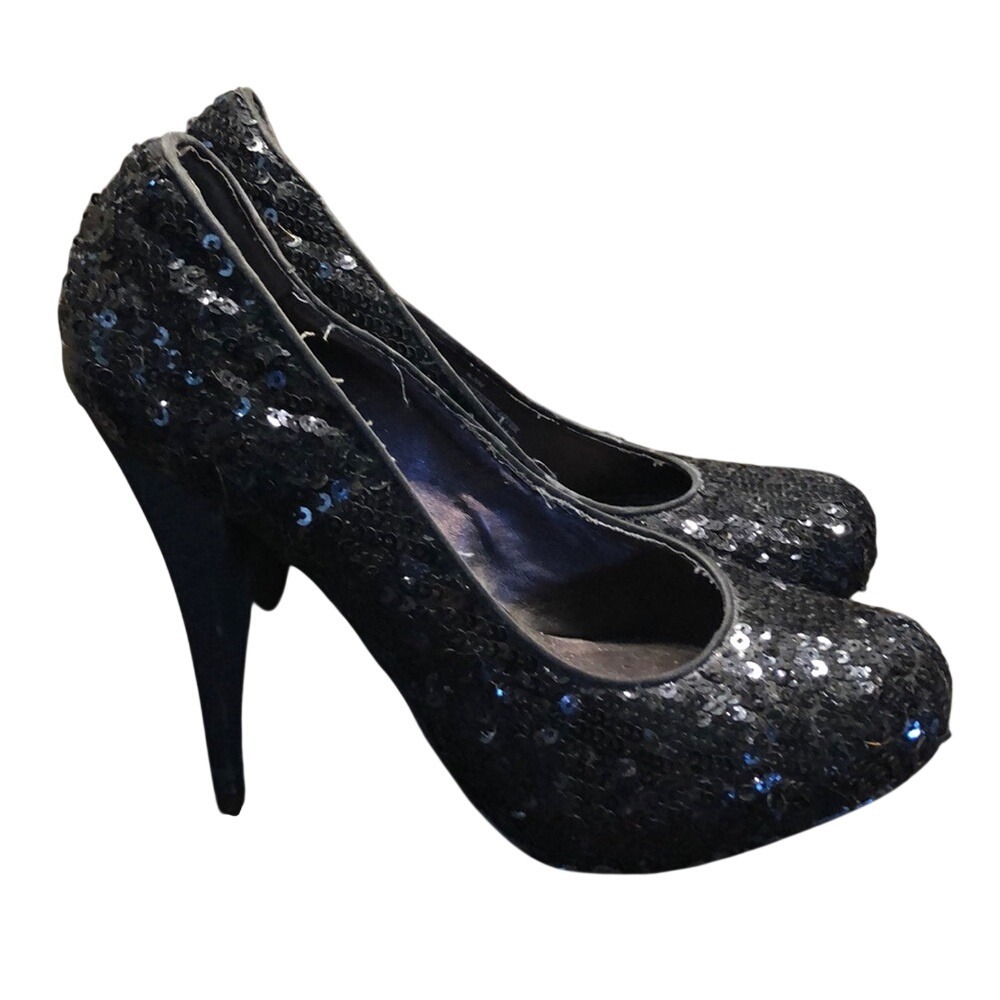 Steve Madden Black Sequin Round Toe‎ Platform Pumps Stiletto Heels Size 8.5